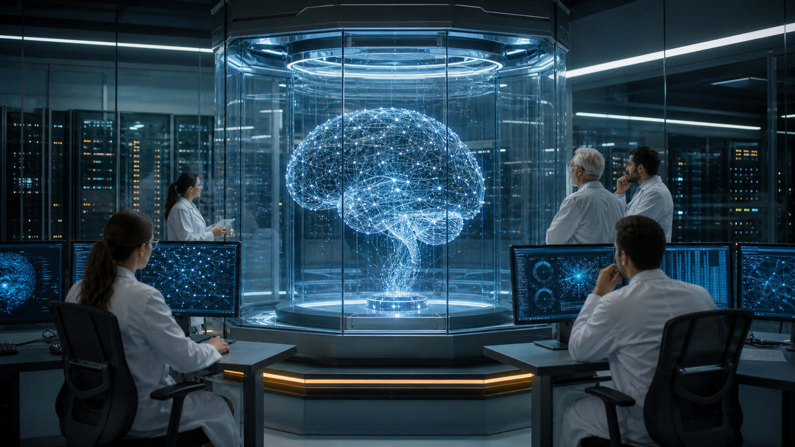 Researchers monitoring an advanced AI system inside a secure laboratory and data center