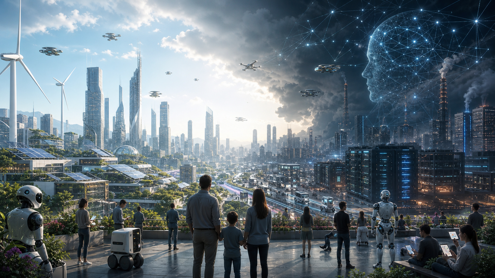 A futuristic city powered by artificial intelligence with humans, robots, data centers, and glowing digital networks