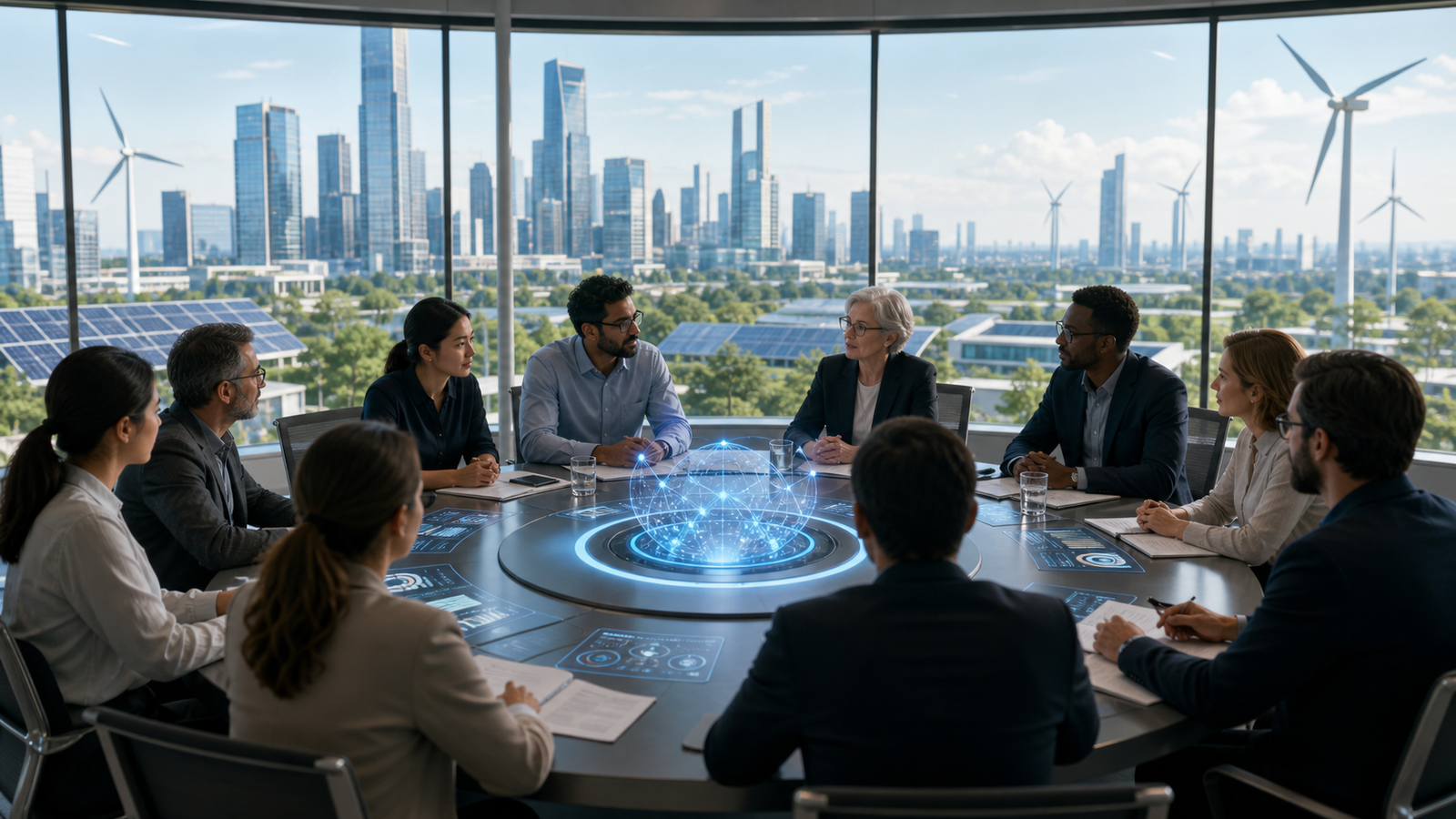 Researchers, engineers, and policymakers discussing responsible AI safety in a modern conference room