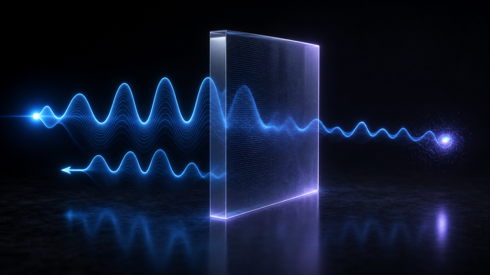 A glowing probability wave partially passing through a transparent barrier to represent quantum tunneling
