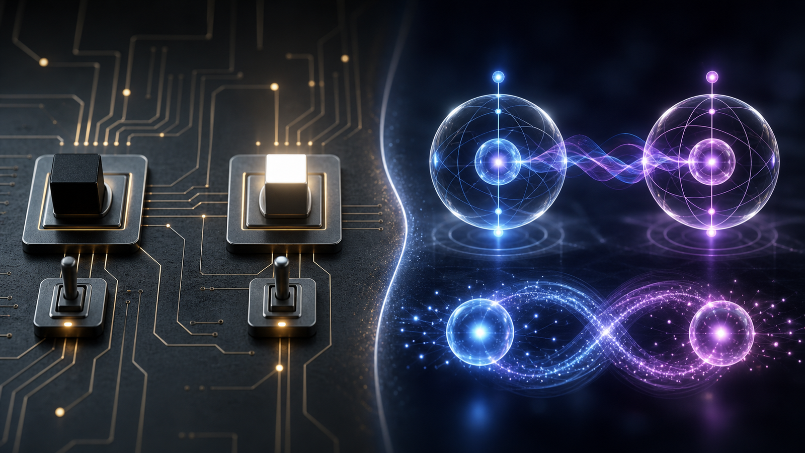 A visual comparison of classical digital circuits and glowing quantum qubit states
