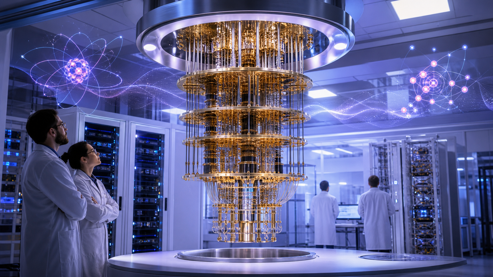 A quantum computer inside a modern research laboratory with researchers and subtle quantum particle visuals