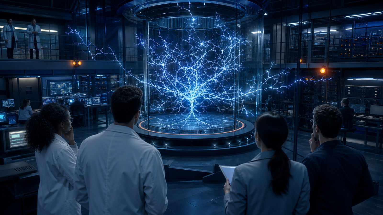 AI safety researchers monitoring a rapidly expanding neural network inside a containment chamber