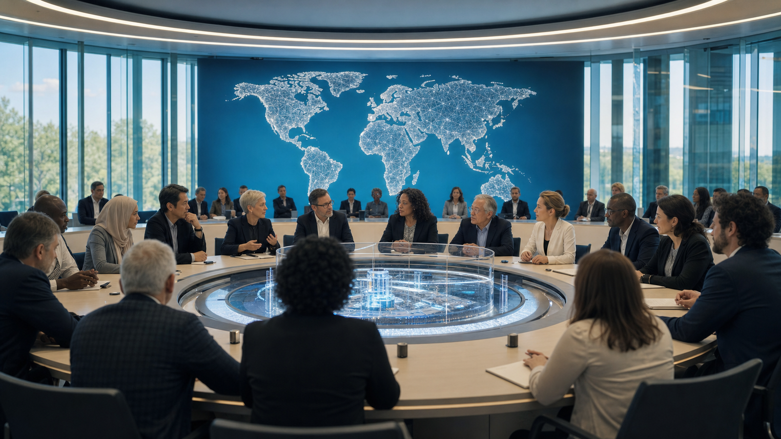 International policymakers and researchers collaborating on advanced AI governance
