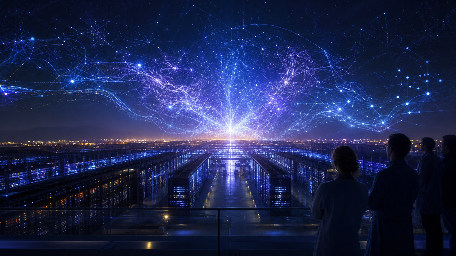 Researchers observing an immense artificial neural network emerging above a data center